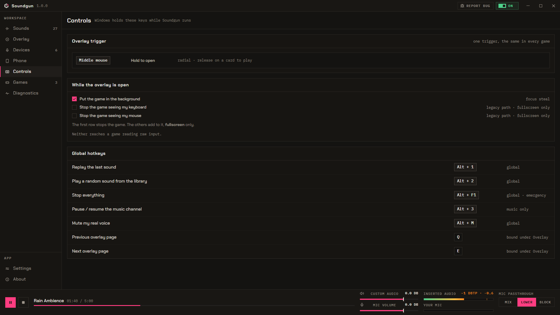 Soundgun's Controls page: the overlay trigger, what happens while the overlay is open, and the global hotkeys