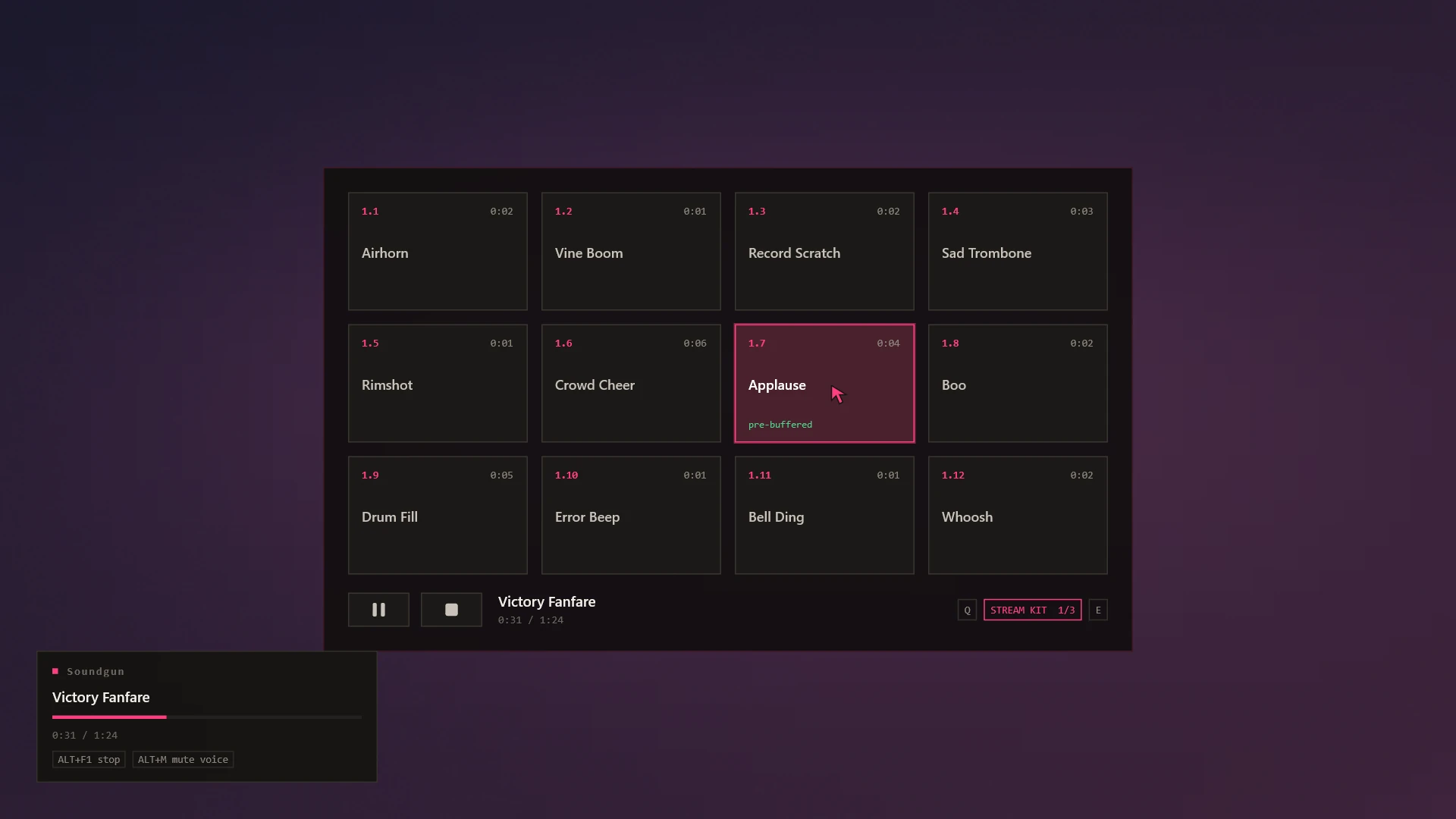 The grid: twelve sounds, one picked under the cursor, and the card in the corner showing what is playing