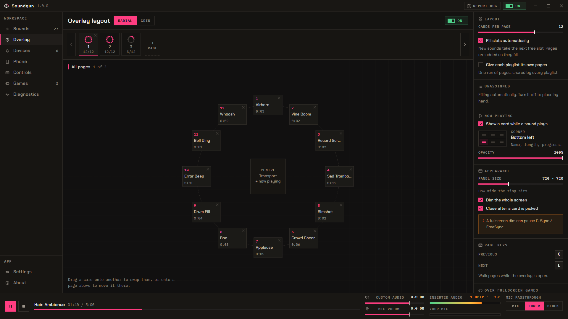 Soundgun's overlay layout editor: twelve sounds placed on the wheel, the first of three pages