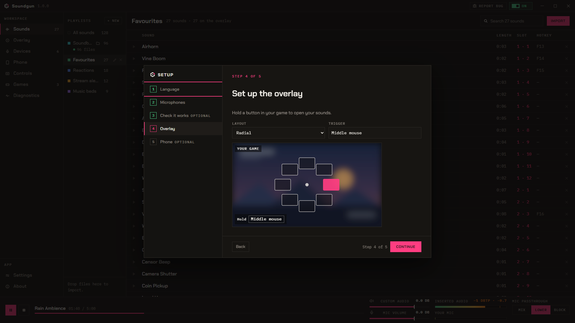 First-run setup, step 4 of 5: choosing the overlay layout and the trigger