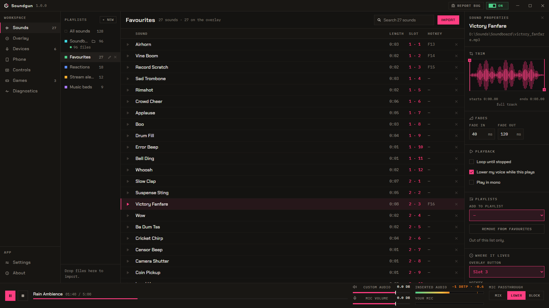 Soundgun's Sounds page: a playlist with each sound's length, slot and hotkey, and one sound's trim and fades